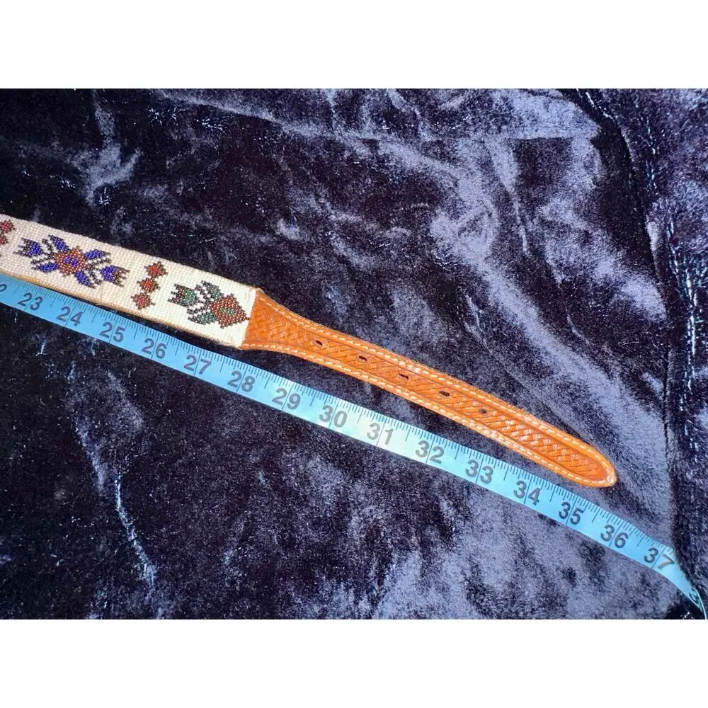 VINTAGE NATIVE GLASS INTRICATELY BEADED BELT ON TOOLED LEATHER